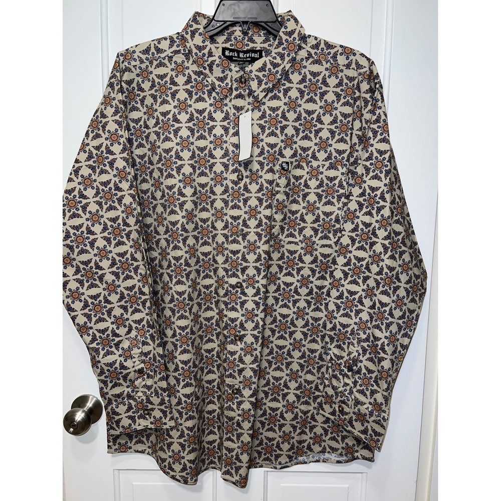 NEW Rock Revival Mens 2XL Tan Paisley Medallion Button Down Shirt WVN9030